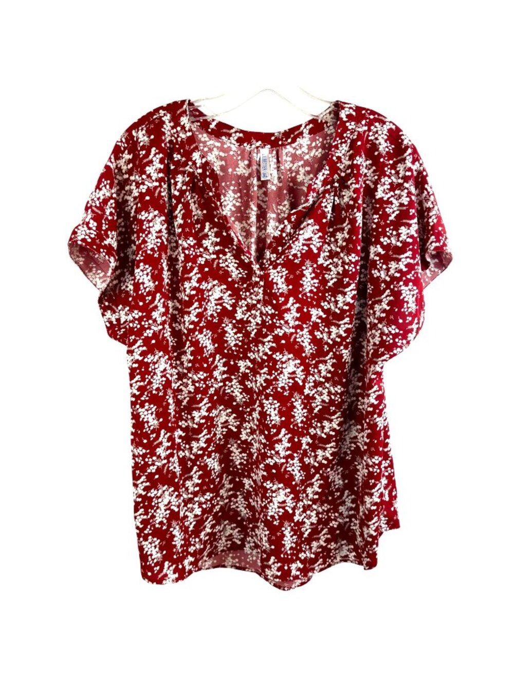 Floral Red & White Blouse With Short Sleeves V-Neck & Loose Fit Size XL